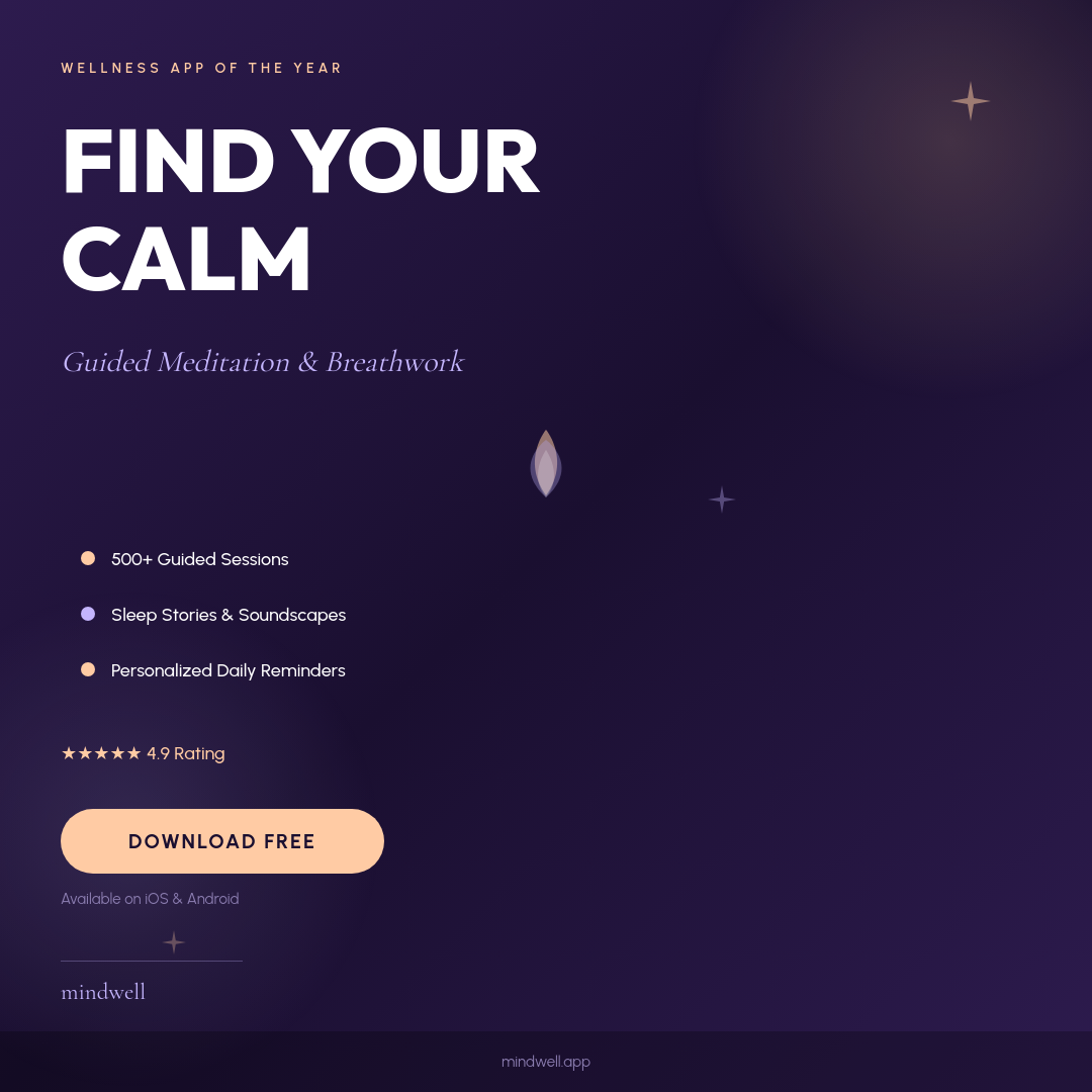 Bold Violet Wellness App Promo with Peach Accents and Feature Checklist