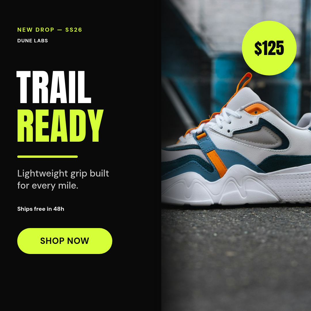 Trail Running Shoe Ad — Dark & Lime Split with Price Badge