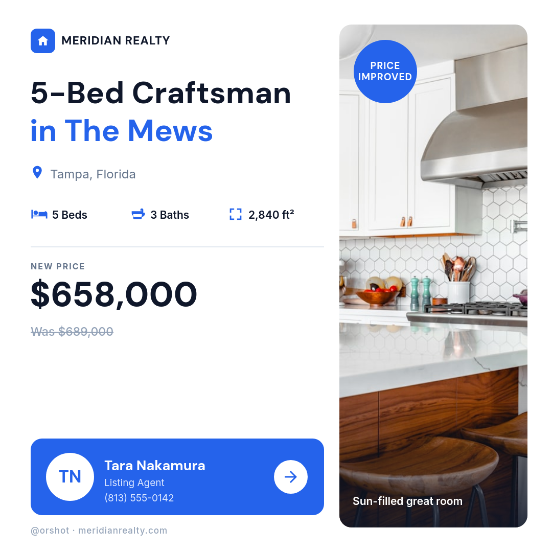 Clean White & Blue Price-Improved Real-Estate Card — DM Sans, Interior Hero & Agent Bar