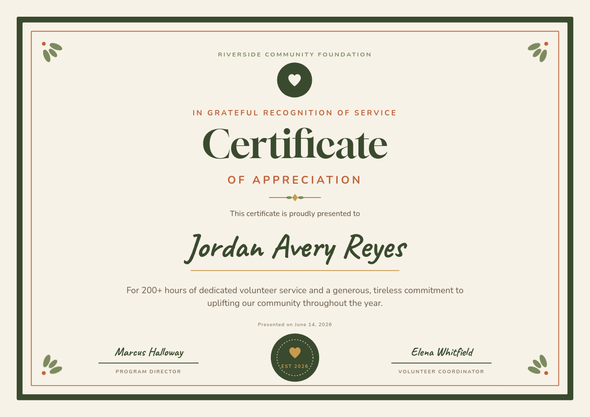 Volunteer Appreciation Certificate with Earthy Botanical Border
