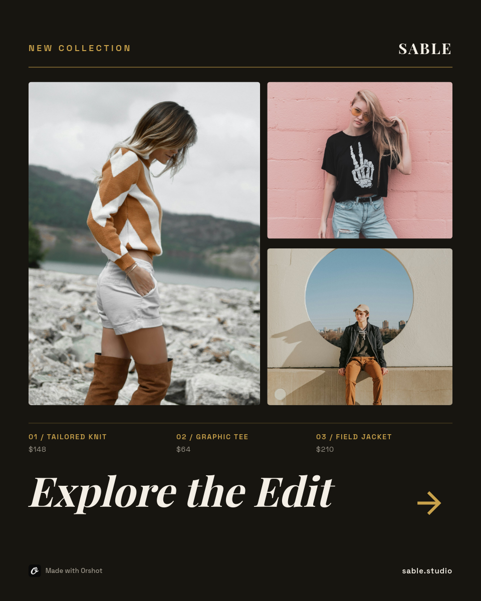 Dark Editorial Fashion Lookbook — Asymmetric Photo Grid, Playfair Serif Headline & Gold Captions