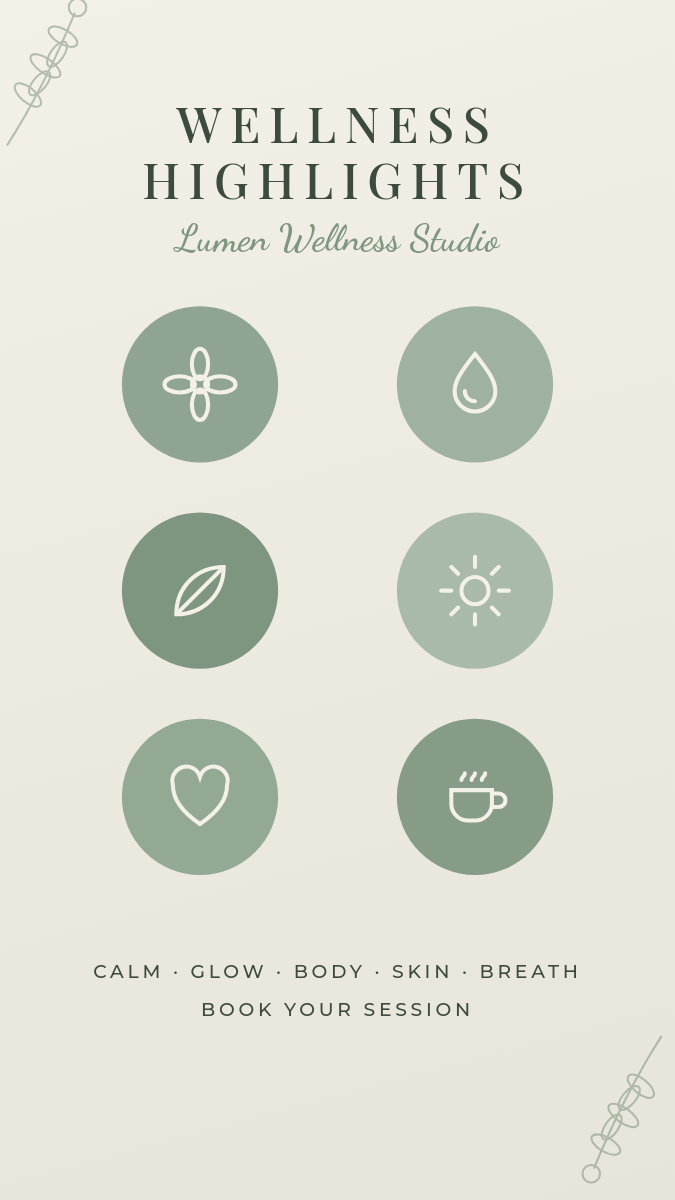 Sage Highlight Covers Story — Six Line-Icon Circles