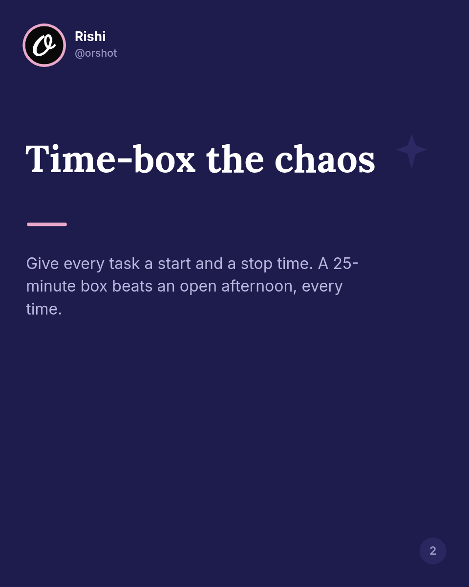 Deep Indigo Tweet-Card Productivity Carousel — Lora Serif Hooks, Pink Avatar Ring & Page Dots - Page 2