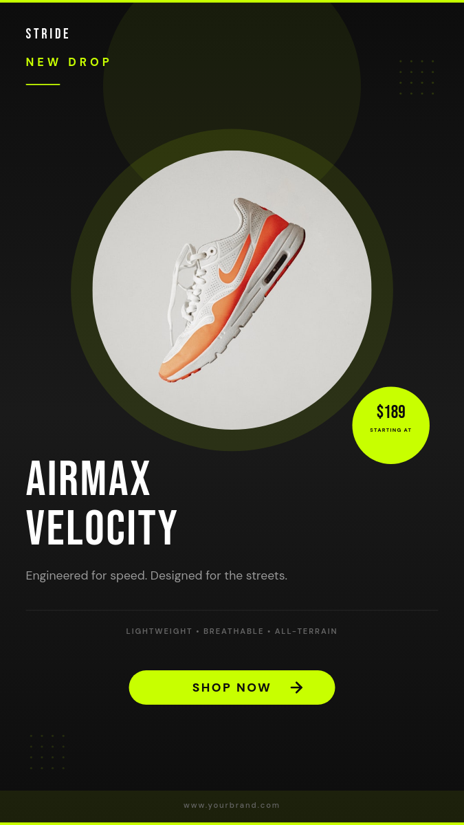Dark Neon Sneaker Drop Story Ad with Circular Product Frame and Price Badge