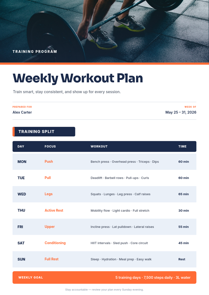 Navy & Orange Weekly Workout Plan Document