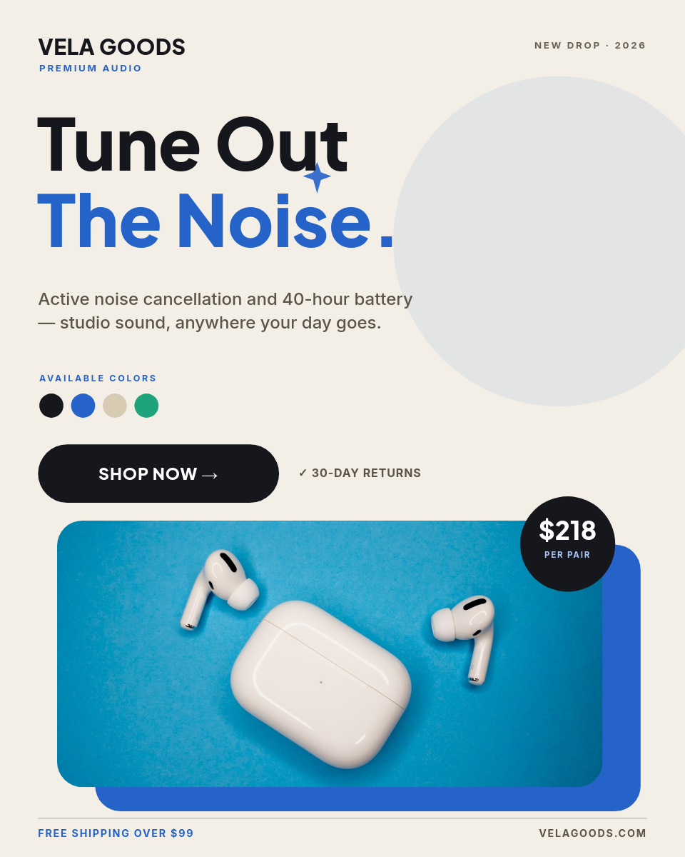 Cream & Cobalt Earbuds New-Drop Ad — Plus Jakarta Heavy Headline, Offset Photo Card & $218 Coin Badge