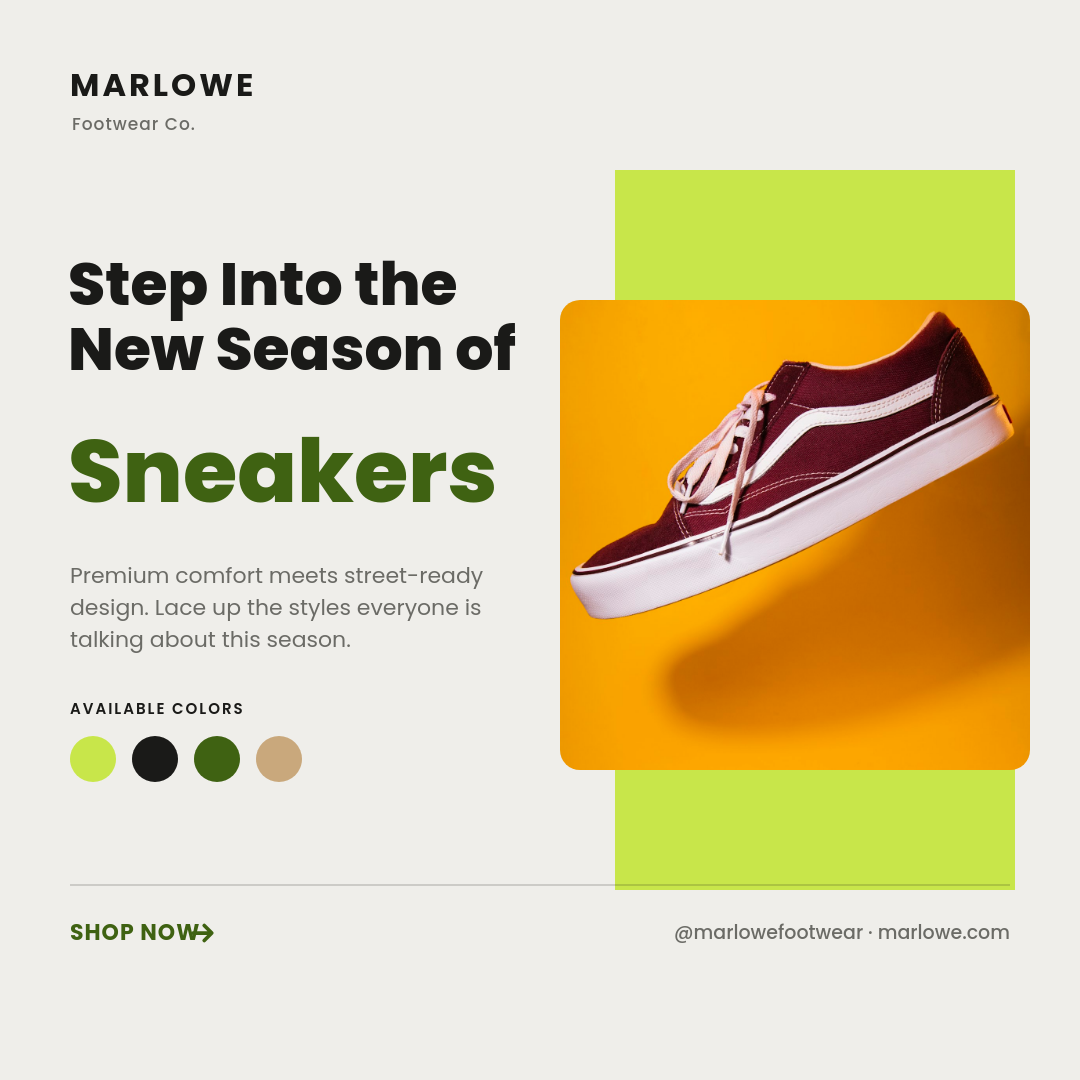 Bold Chartreuse Footwear Ad with Color Block & Swatches