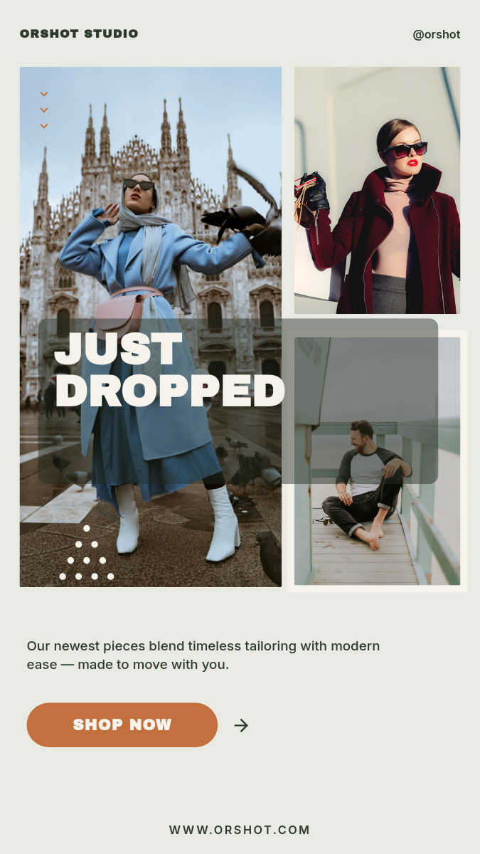 Fashion New-Collection Story — JUST DROPPED, sage photo grid