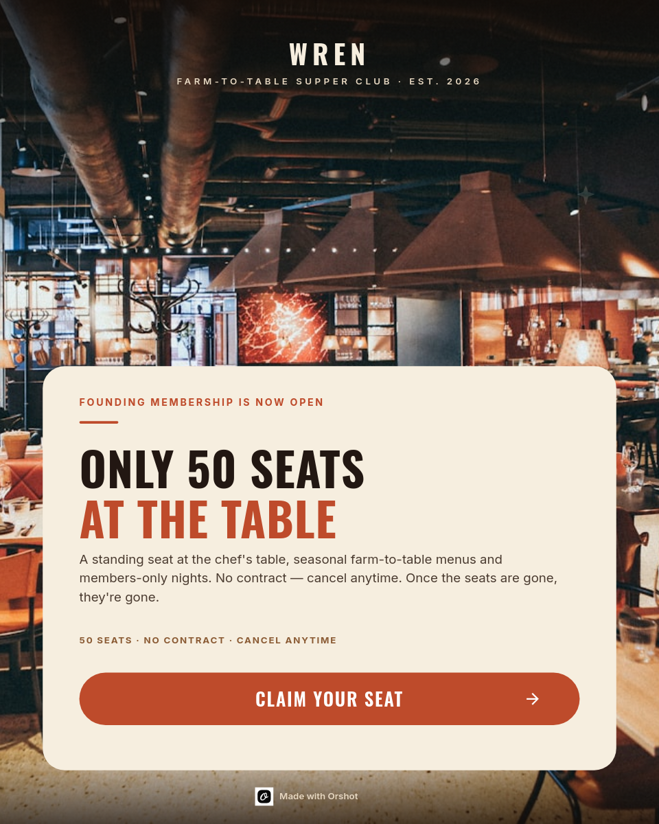 Warm Supper-Club Membership Ad — Full-Bleed Restaurant Photo, Cream Card & Oswald Scarcity Headline