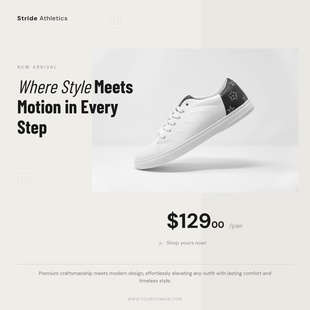 Clean Minimal Sneaker Product Showcase with Price Badge and Thin Frame Accent