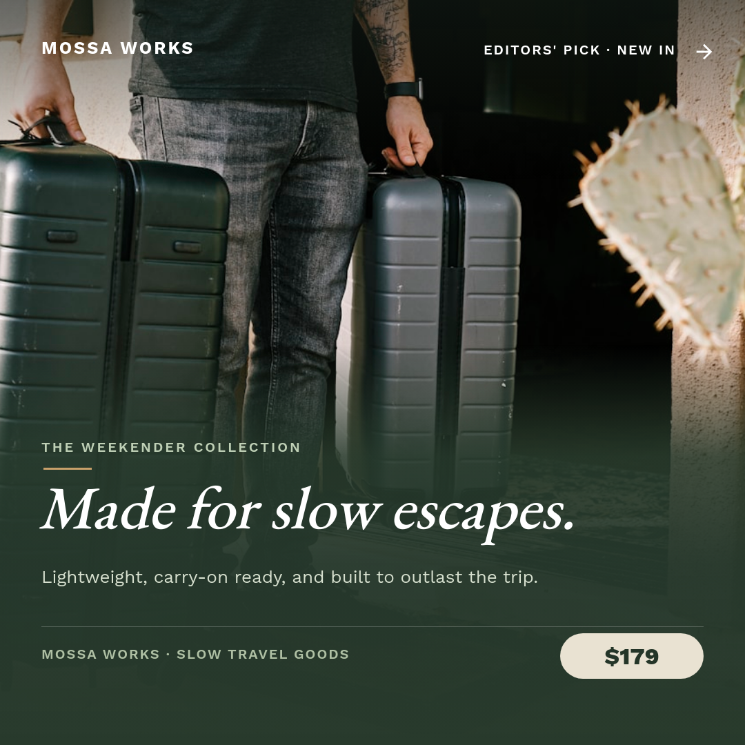Forest-Green Slow-Travel Weekender Product Post — EB Garamond Italic Headline, Cream Price Pill & Photo