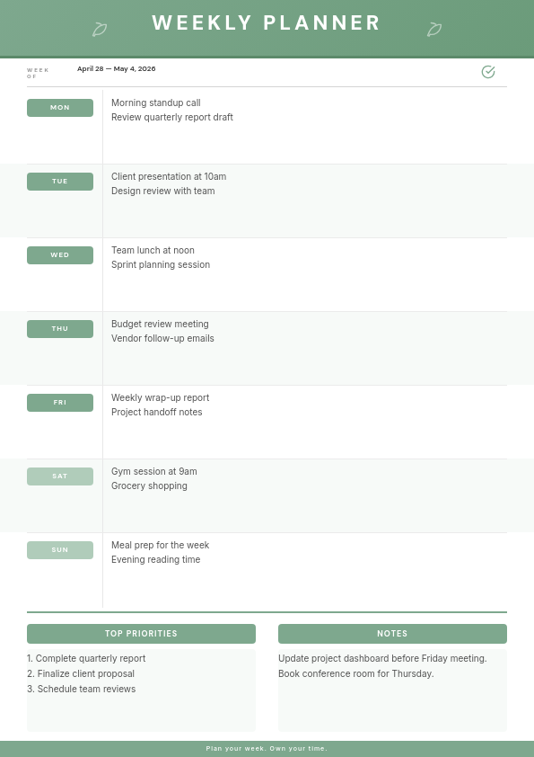 Weekly Planner — Sage Grid Layout