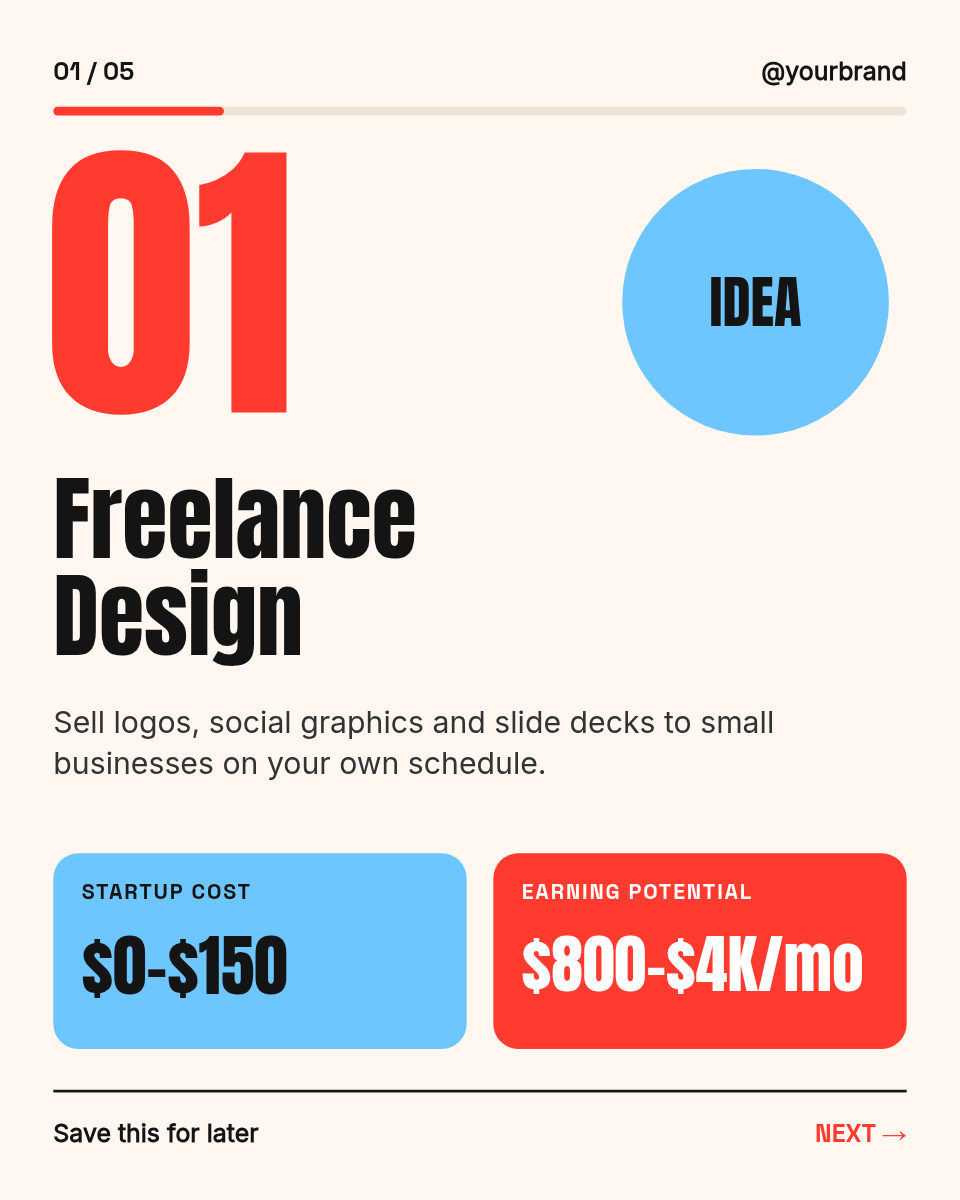 Instagram Carousel Template — 5 Side Hustles, Red & Sky - Page 2