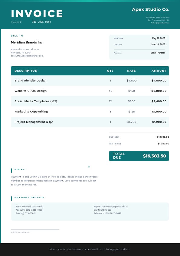 Professional Teal Vendor Invoice with Structured Line Items and Payment Terms