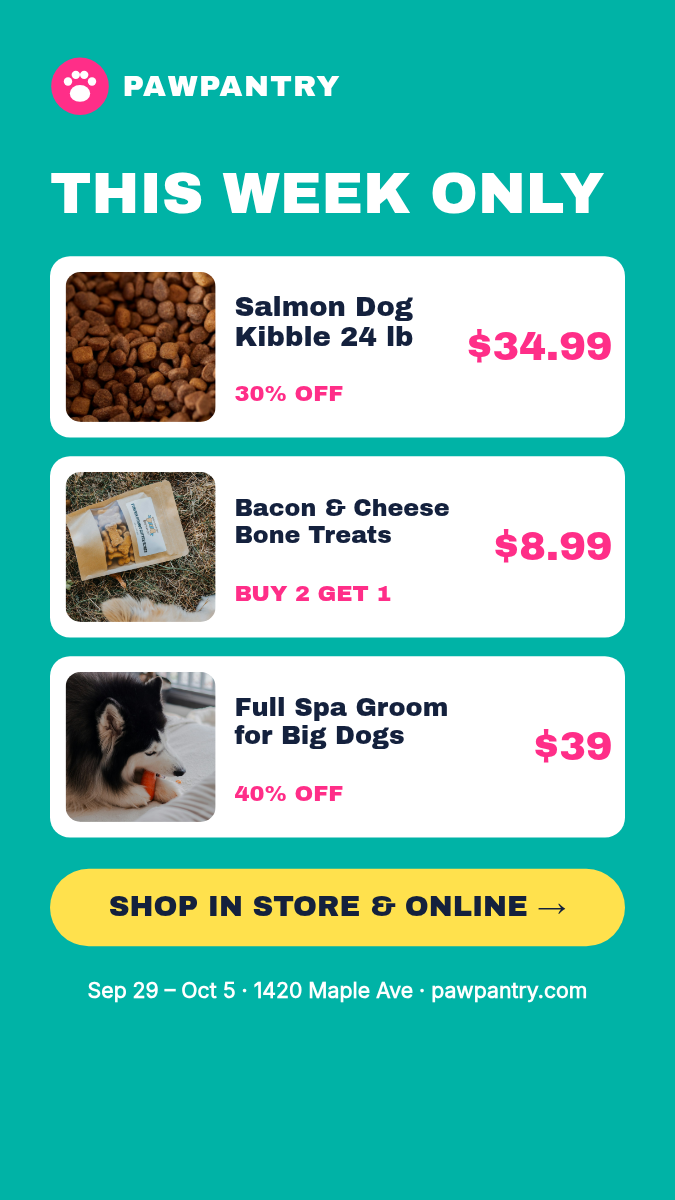 Animated Pet Store Weekly Deals Video 9:16 — Teal & Pink