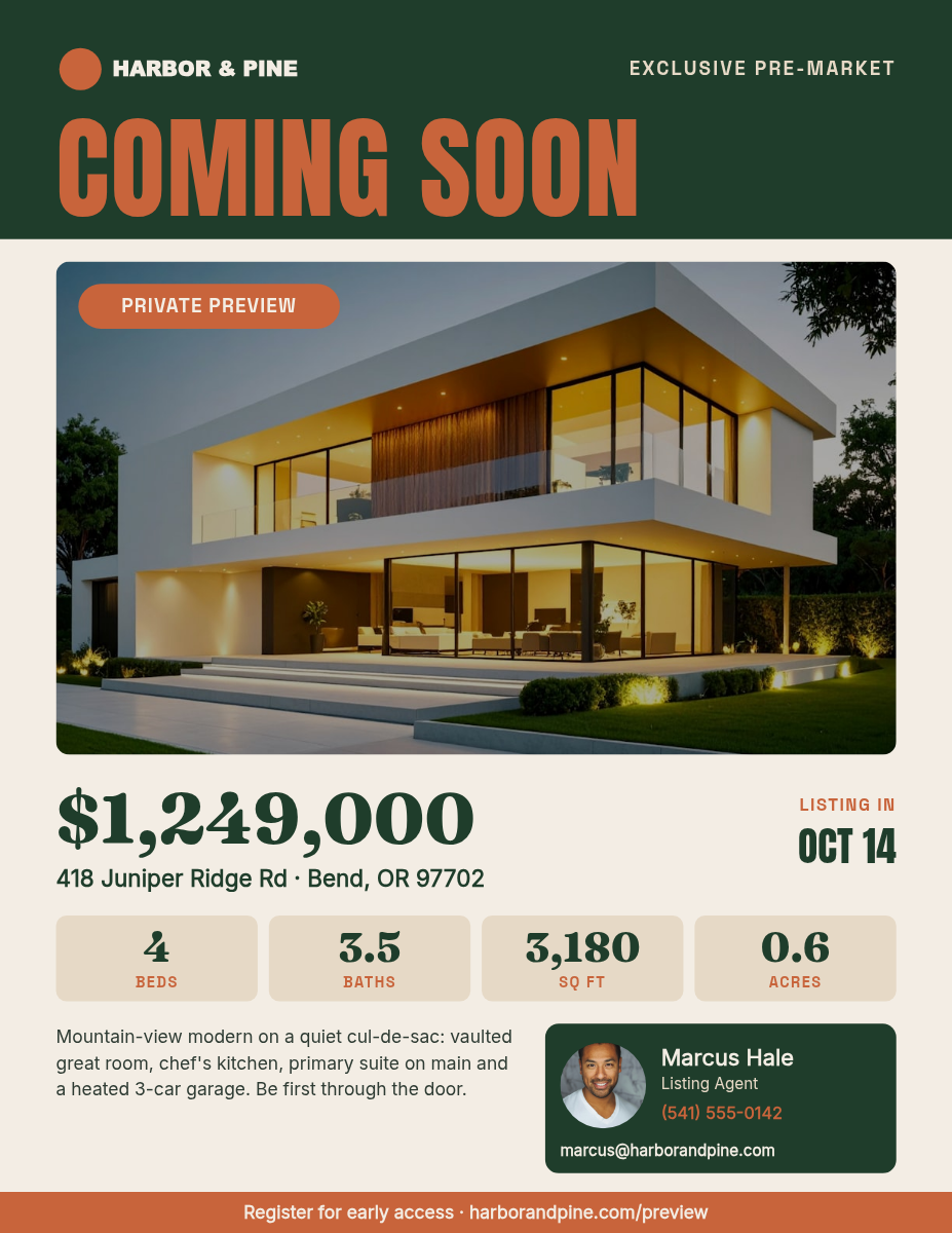 Real Estate Coming Soon Flyer — Letter Size, Forest & Clay