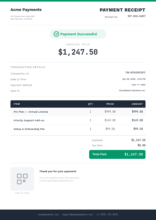Digital Payment Receipt — Clean Mono & Green Success