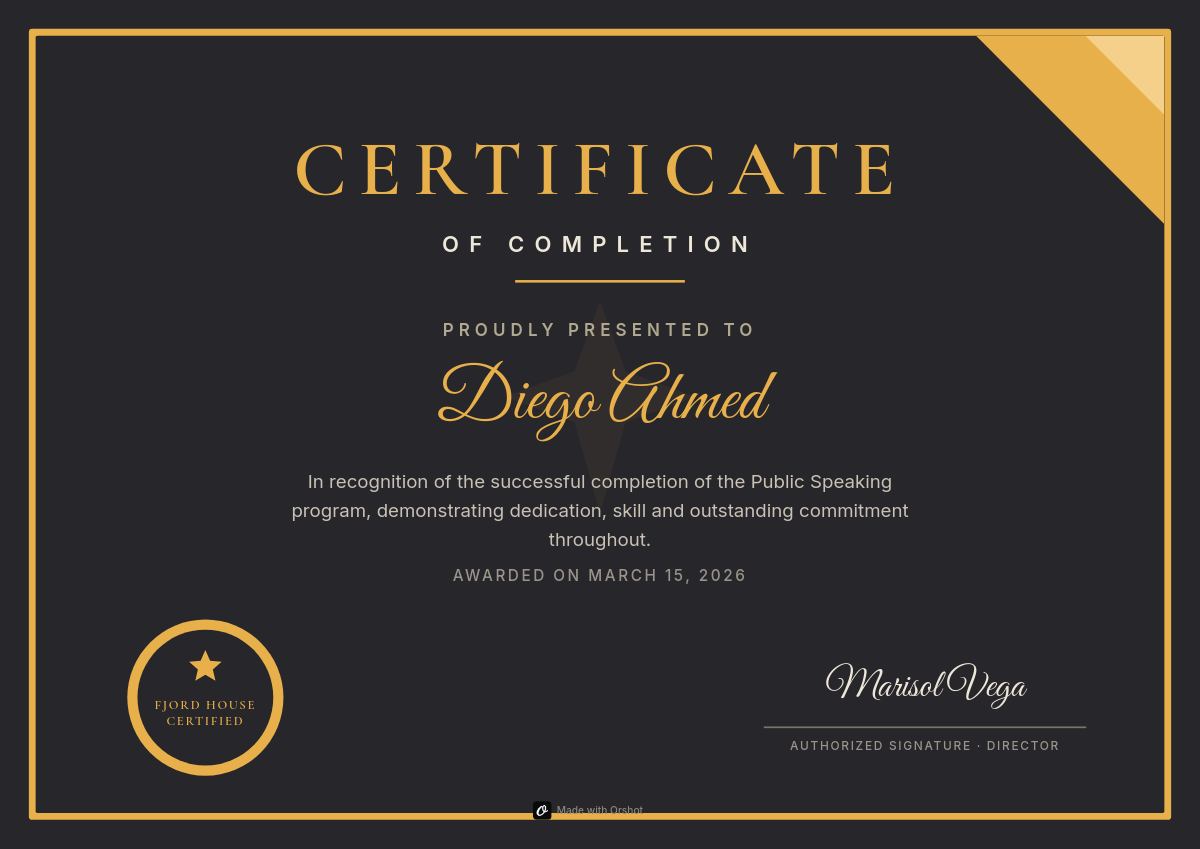 Dark Charcoal & Gold Certificate of Completion — Cormorant Serif Title, Script Name & Gold Seal