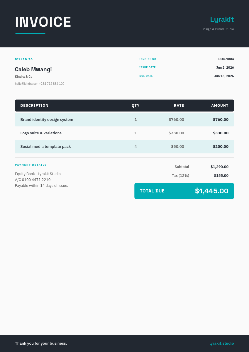 Minimal Teal Service Invoice — Dark Header with Striped Line Items