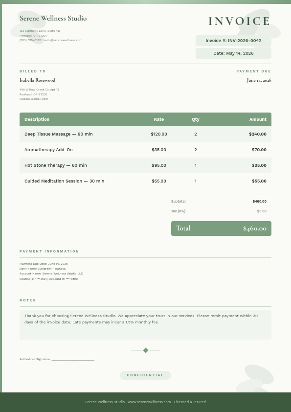Botanical Wellness Invoice with Eucalyptus Leaf Accents and Sage Green Table