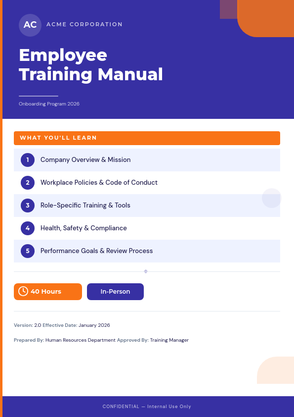 Bold Indigo Employee Training Manual Cover with Coral Geometric Accents and Numbered Topic List