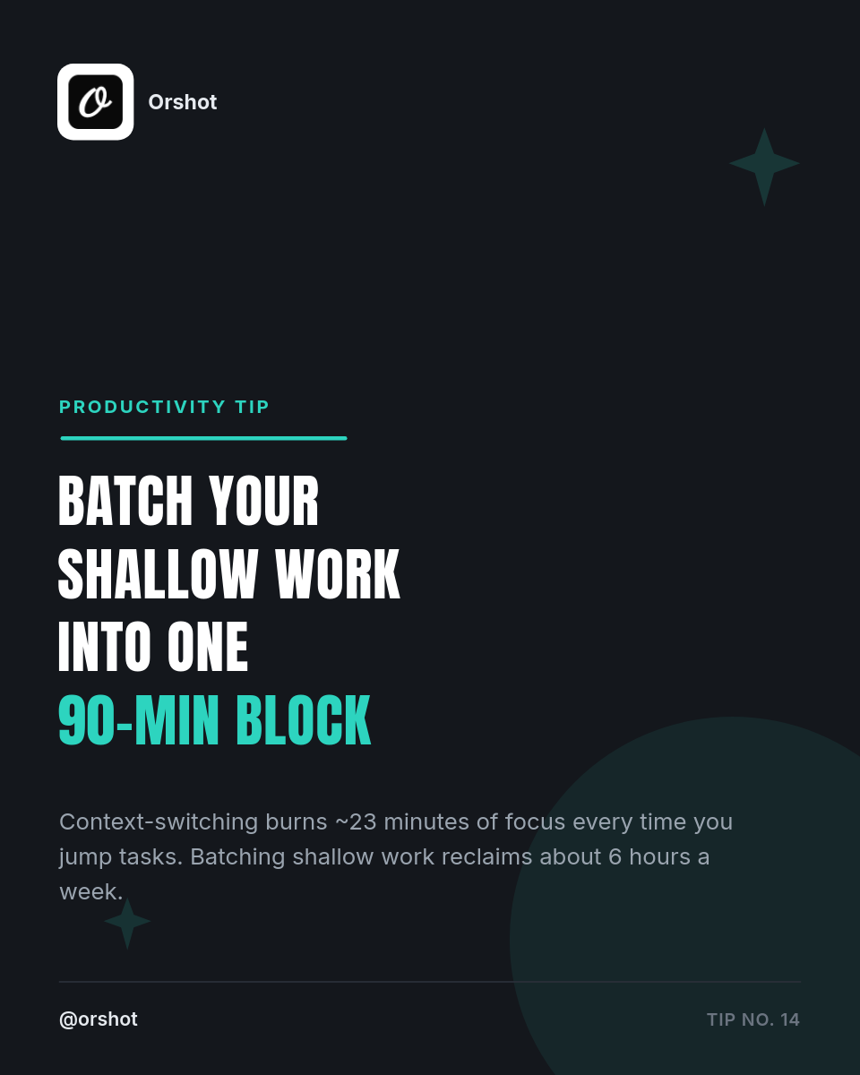 Batch Your Shallow Work Productivity Tip — Dark Charcoal, Anton Condensed Caps & Teal Accent Line