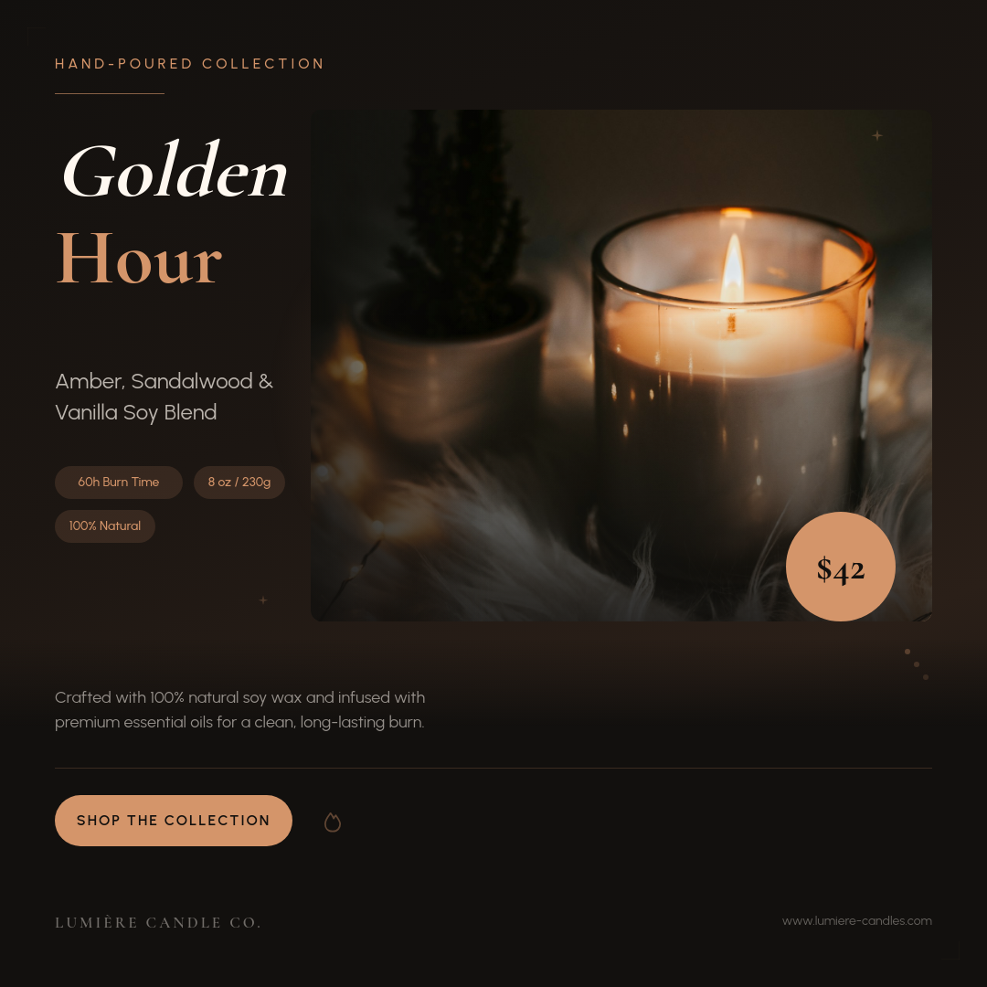 Warm Amber Artisan Candle Product Showcase on Dark Moody Background