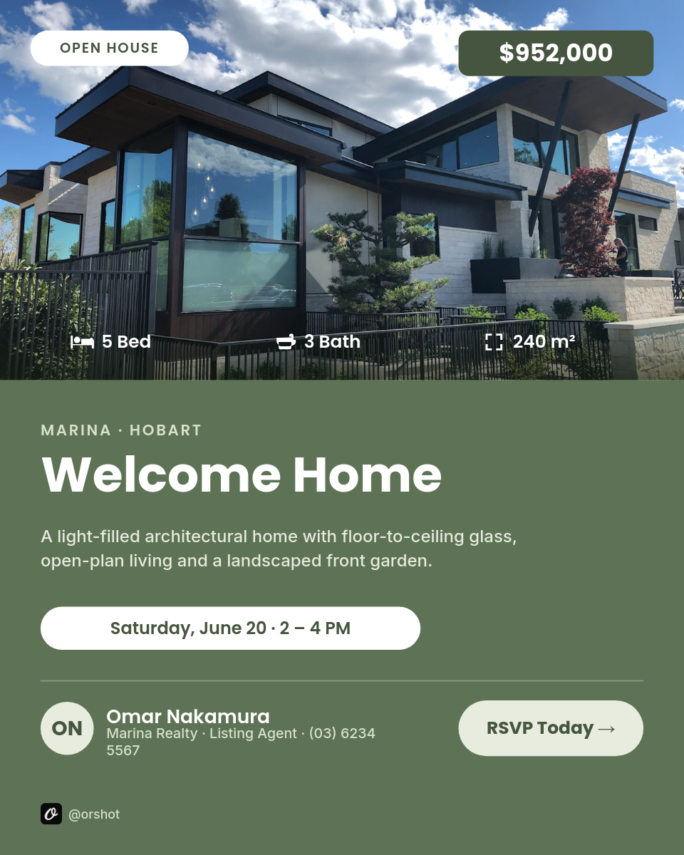 Sage-Green Split Open House Listing — Poppins Headline, White Date Pill & Agent Card