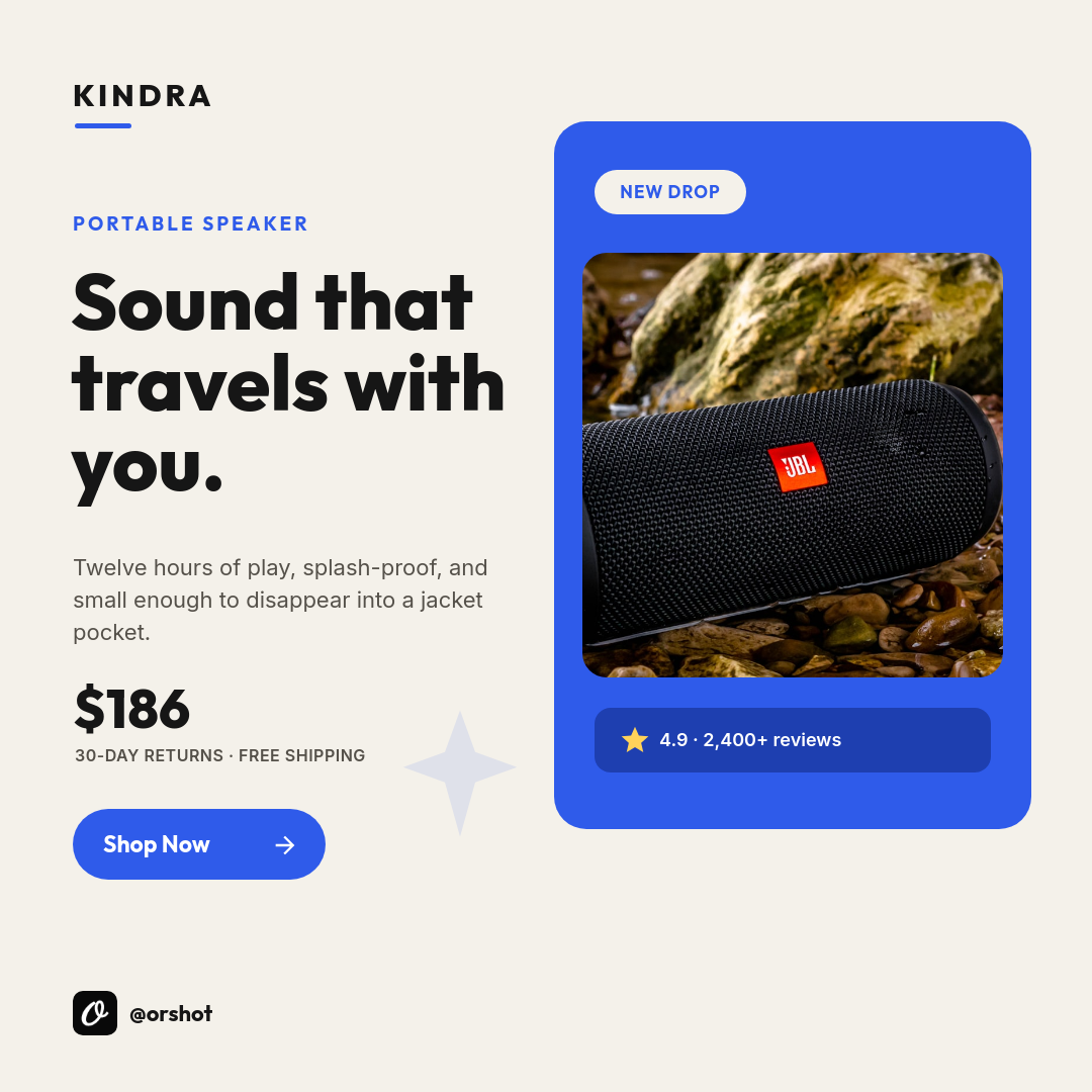 Bone & Cobalt Minimal Portable-Speaker Product Card — Outfit Bold, Photo Panel & Shop Pill