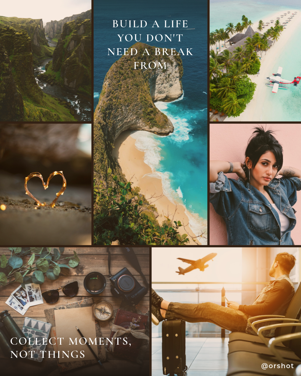 Travel Moodboard Collage — Multi-Photo Grid with Overlaid Quotes, Warm