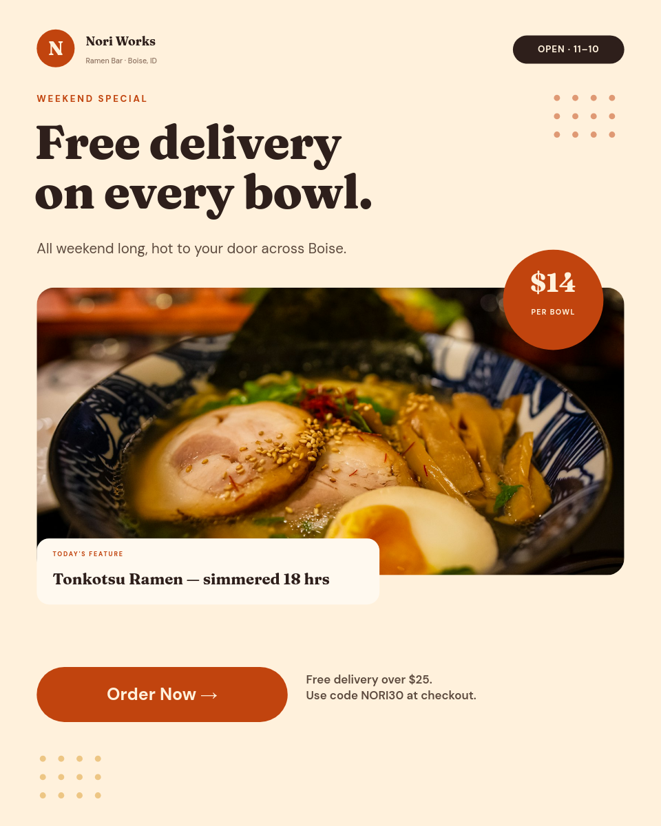 Food Delivery Promo — Warm Cream Ramen Bar with Price Badge
