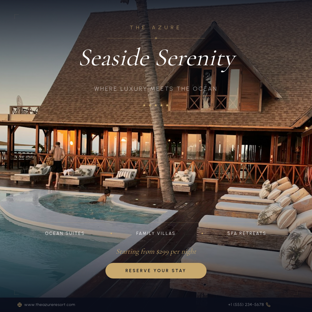 Elegant Night Resort Booking Ad with Script Headline and Suite Categories