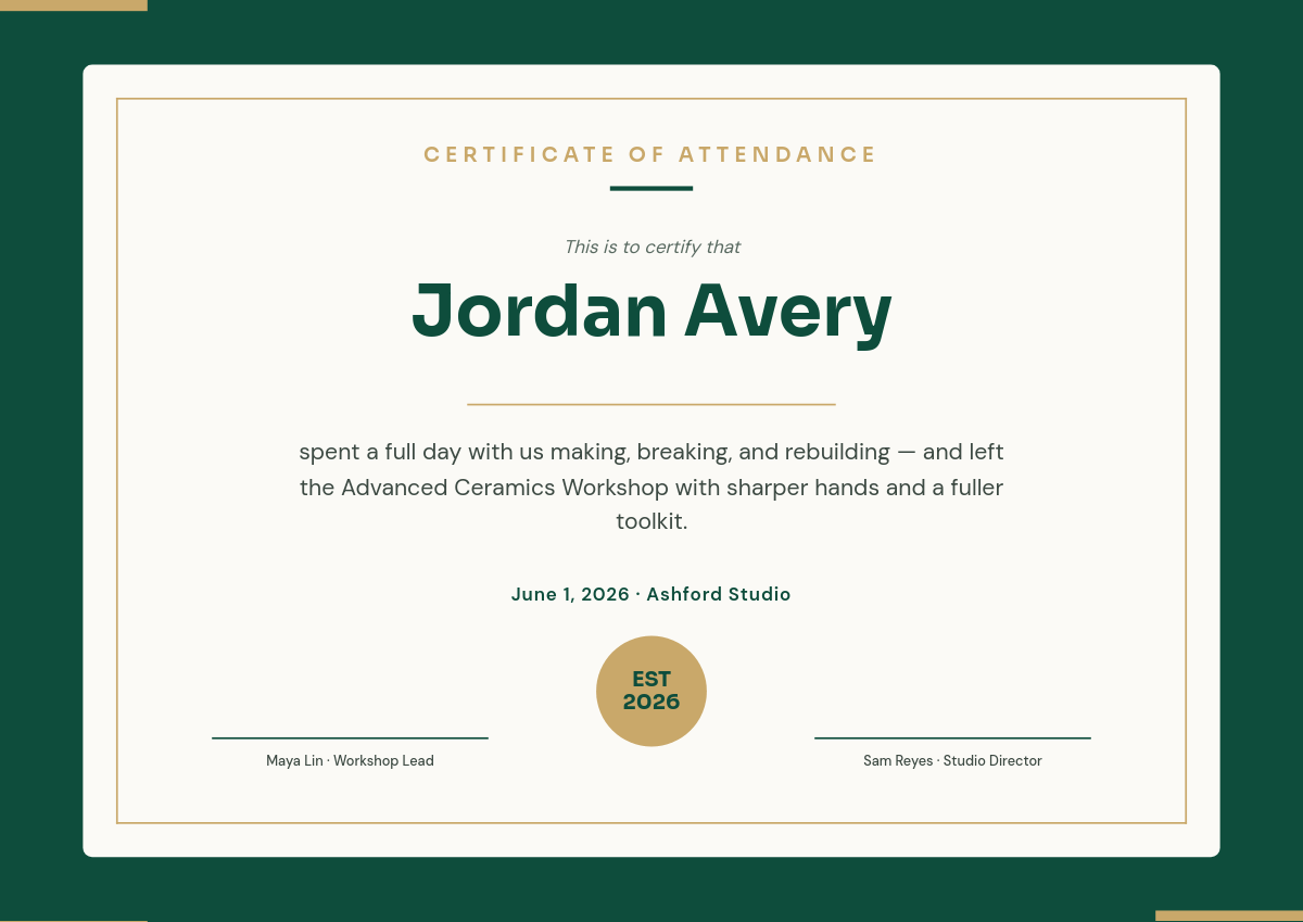 Emerald & Gold Workshop Attendance Certificate