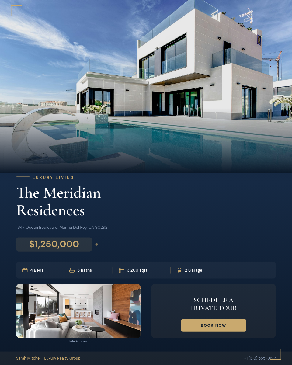 Dark Navy Luxury Condo Listing with Gold Accents and Dual Photo Layout
