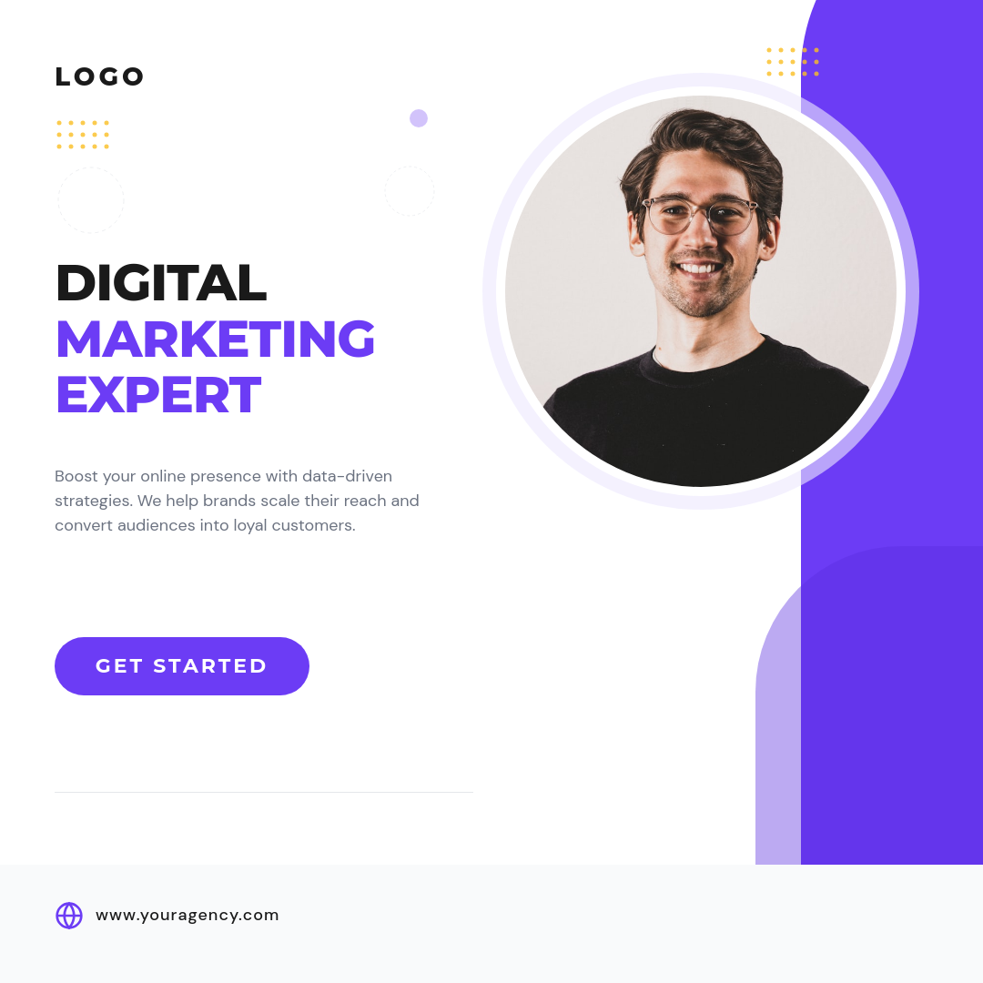 Purple Accent Digital Marketing Expert Service Ad with Circular Headshot
