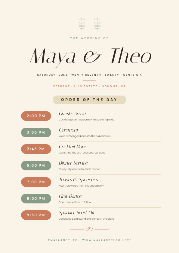 Sage Terracotta Wedding Day Timeline A4 with Italiana Italic Couple Names, Botanical Sprig Accents and Time Pill Timeline Rows
