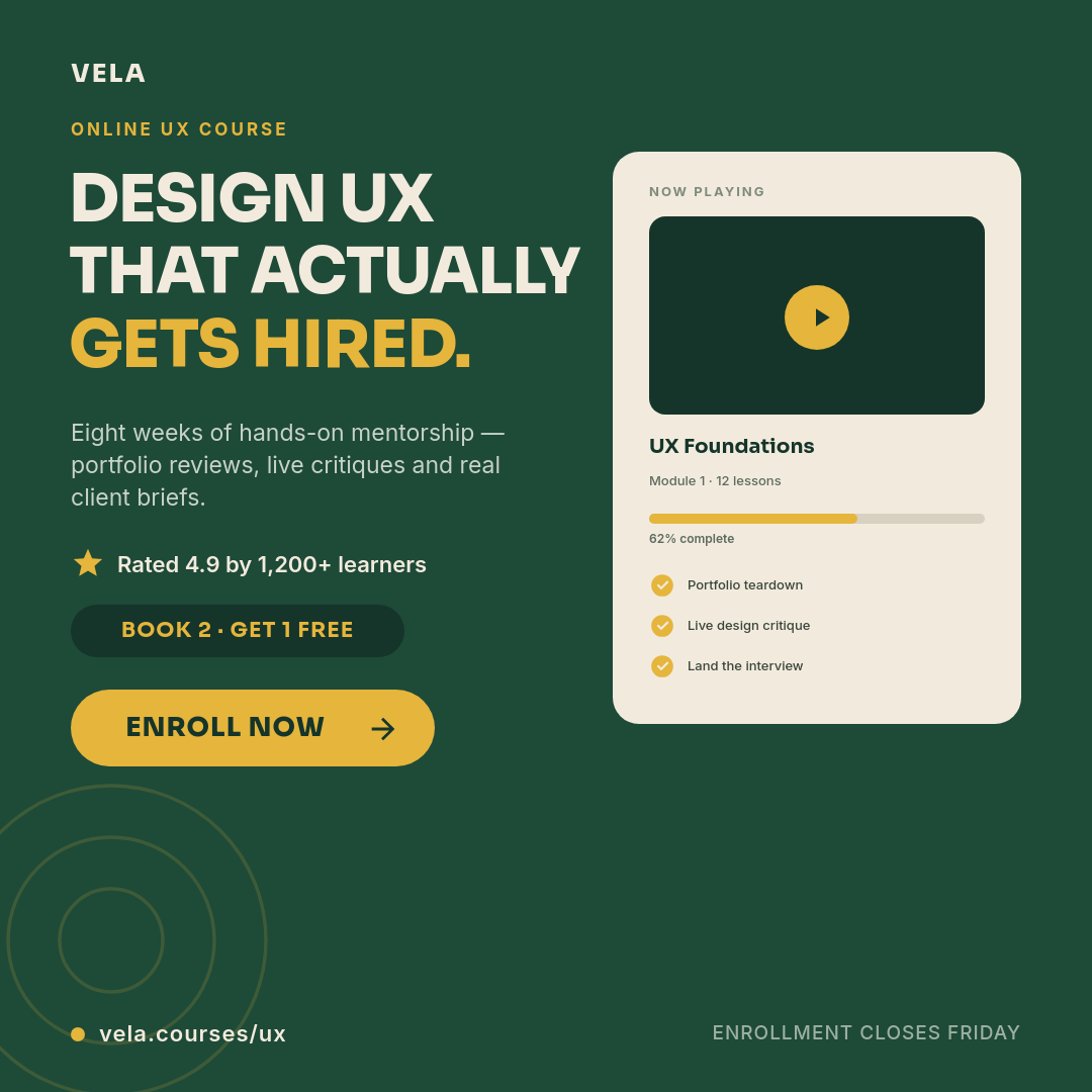 Forest-Green & Mustard Online UX Course Ad — Sora Caps, Lesson-Player Mockup & Enroll Pill