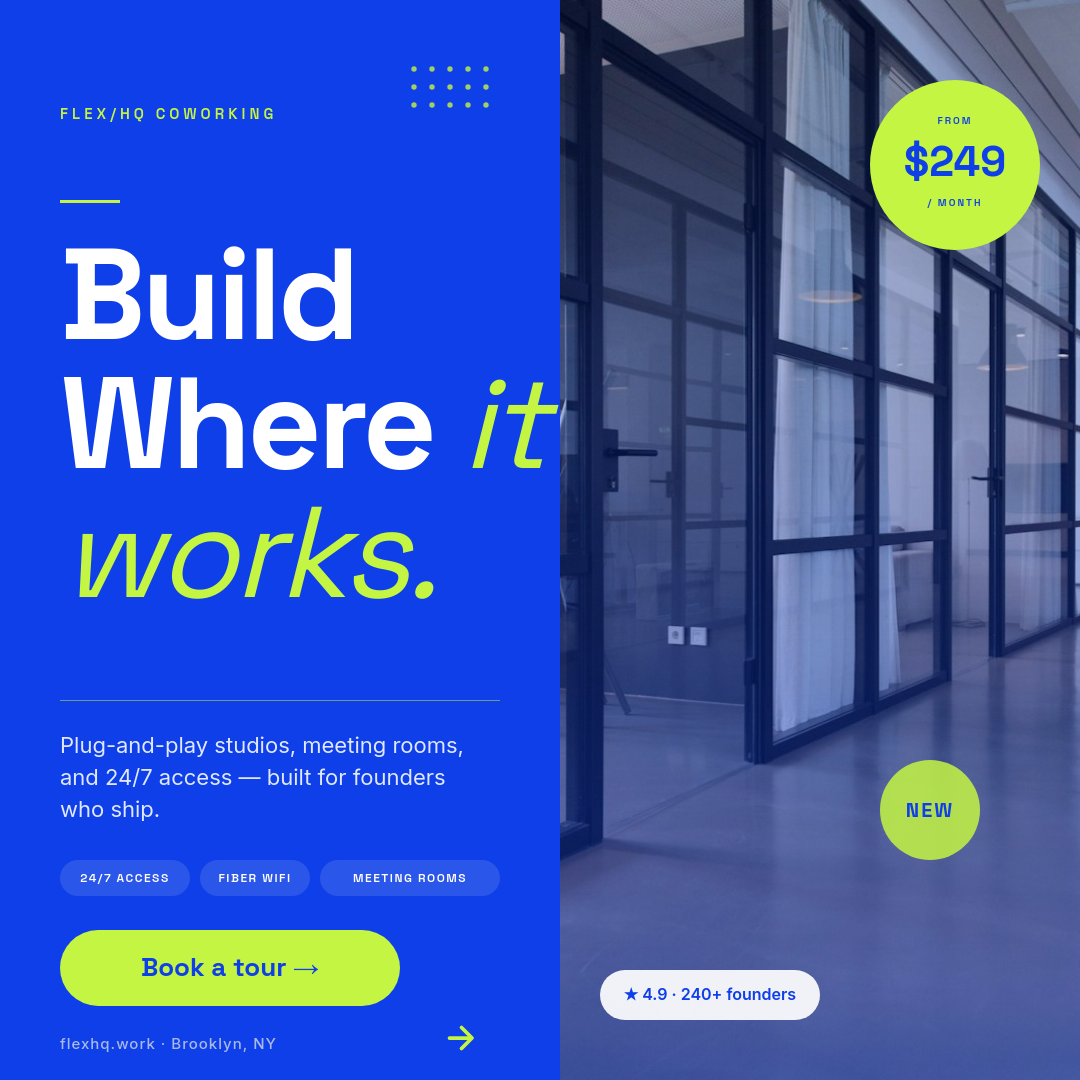 Electric Cobalt Coworking Membership Ad with Bold Split Layout and Lime Accent CTA
