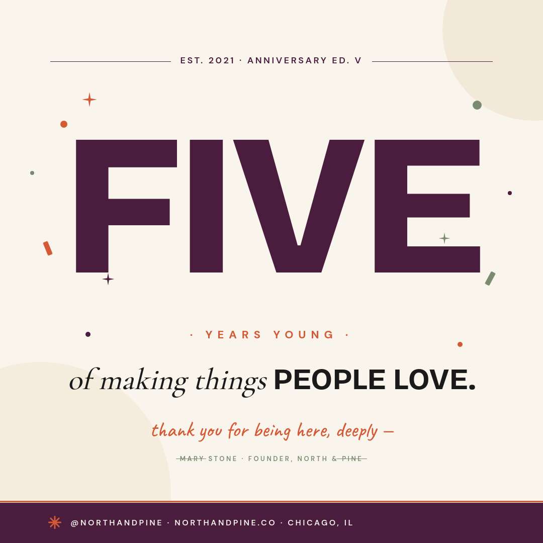 Cream and Plum Five Year Brand Anniversary Instagram Post with Bricolage Grotesque Giant Numeral, Mixed Italic Serif Subtitle and Scattered Coral Confetti