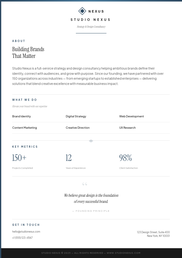 Clean Editorial Company Profile One-Pager with Serif Headlines and Services Grid