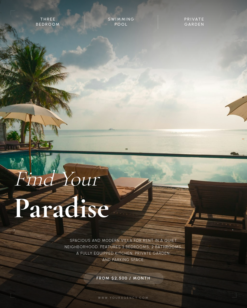Tropical Villa Rental with Bold Serif Overlay and Specs Frame on Full-Bleed Photo