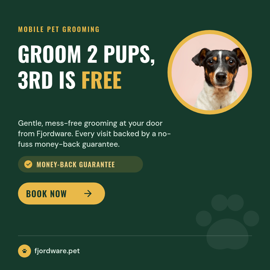 Pine-Green & Mustard Pet Grooming Ad — Oswald Caps Offer, Circular Dog Photo & Book-Now Pill