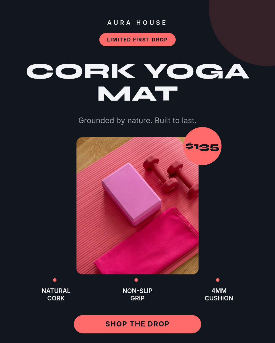 Minimal Cork Yoga Mat Product Card — Near-Black with Coral Price Badge