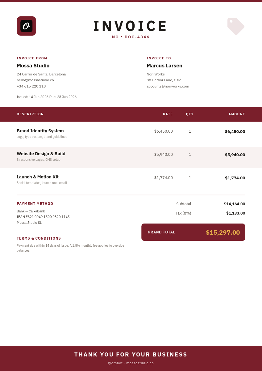 Oxblood Bold Service Invoice — IBM Plex, Full-Width Table Band & Gold Grand-Total Box