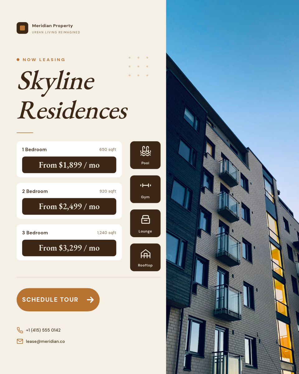 Warm Cream and Chocolate Brown Skyline Residences Now Leasing Real Estate Instagram 4:5 Post with EB Garamond Italic Stacked Headline, 3 Pricing Tier Cards, 4 Amenity Icon Squares and Copper CTA Pill