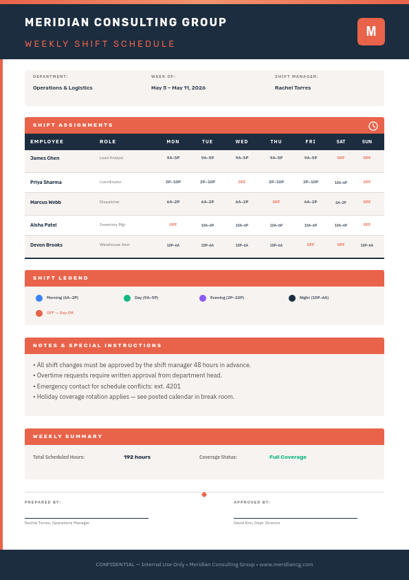 Professional Weekly Staff Shift Schedule with Coral Section Headers