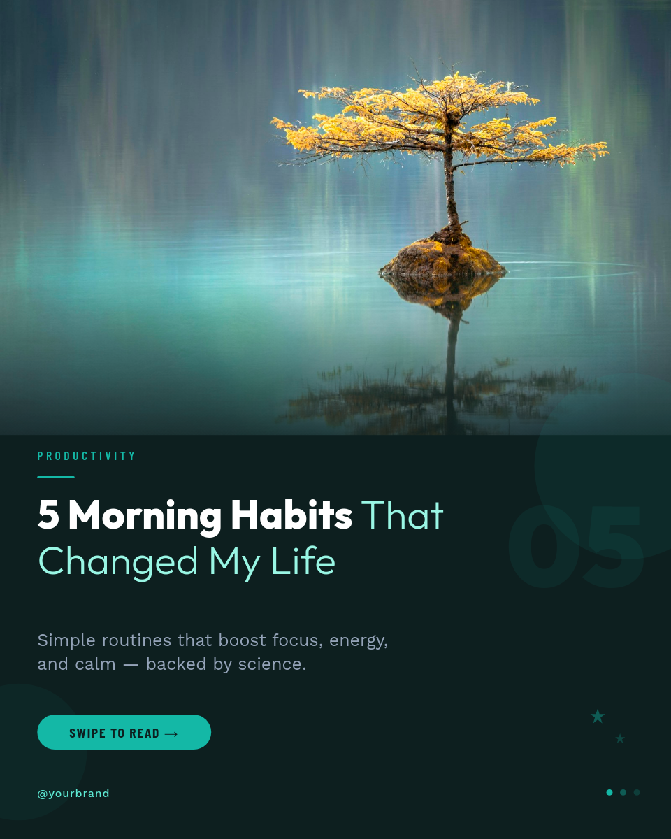 Bold Teal Split Productivity Tips Cover with Nature Photo and Geometric Overlay