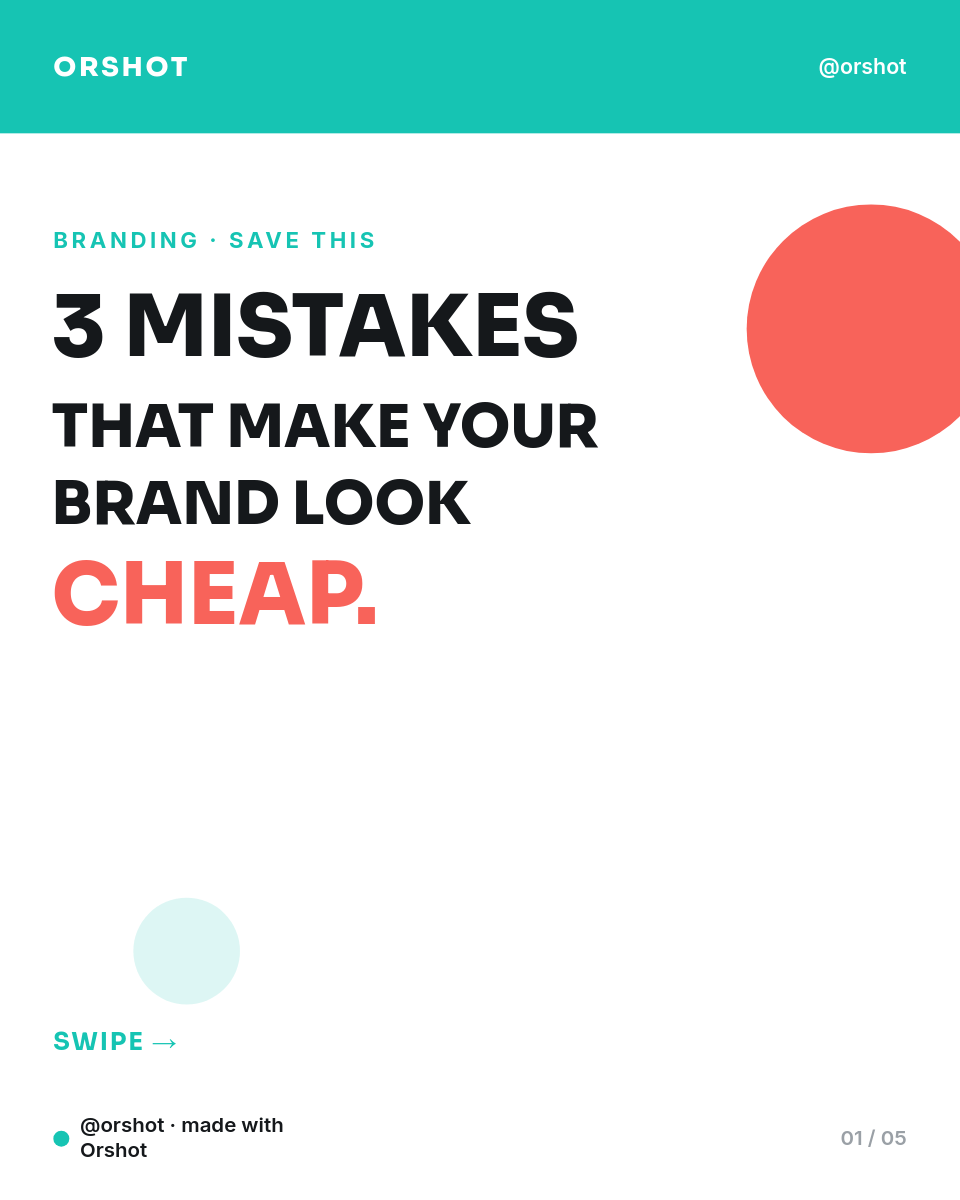 3 Branding Mistakes Carousel — Teal & Coral Split, Bold Sora Caps, Giant Numbers, 5 Slides