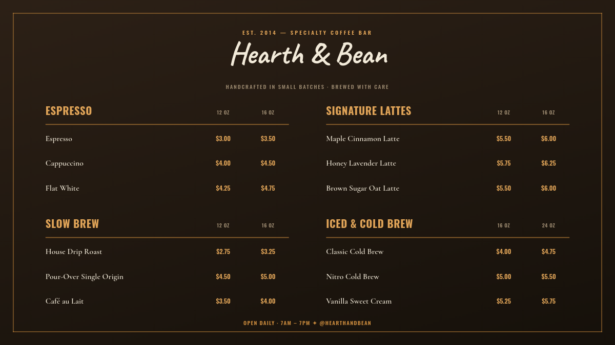 Dark Chalkboard Coffee Shop Menu Board with Size & Price Grid