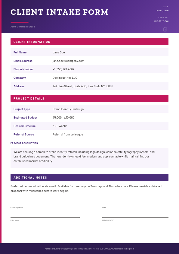 Professional Client Intake Form with Plum Gradient Header
